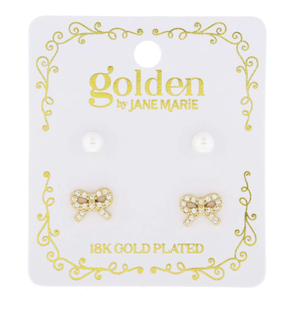 Jane Marie Kids 18K Gold Plated Mini Pearl & Pave Mini Crystal Bow Stud Earrings Set