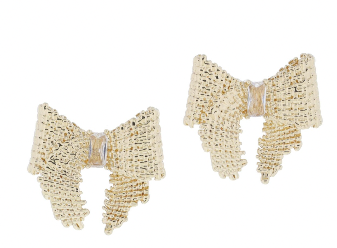 Jane Marie Textured Gold Bow with Champagne Baguette Crystal Accent Earrings