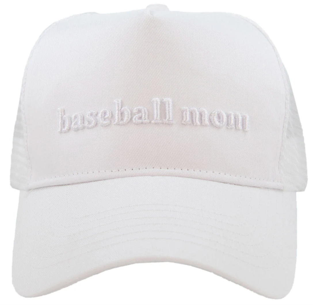 Baseball Mom Embroidered Trucker Hat White