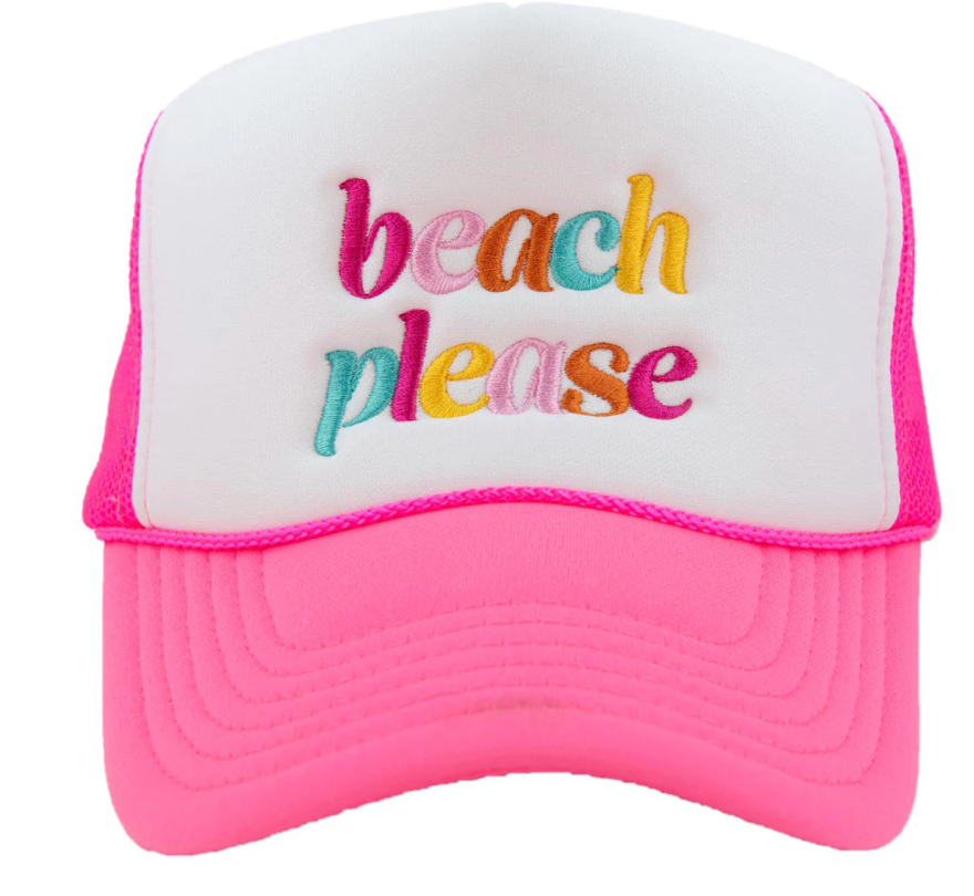 Multicolor Beach Please Trucker Hat Hot Pink White