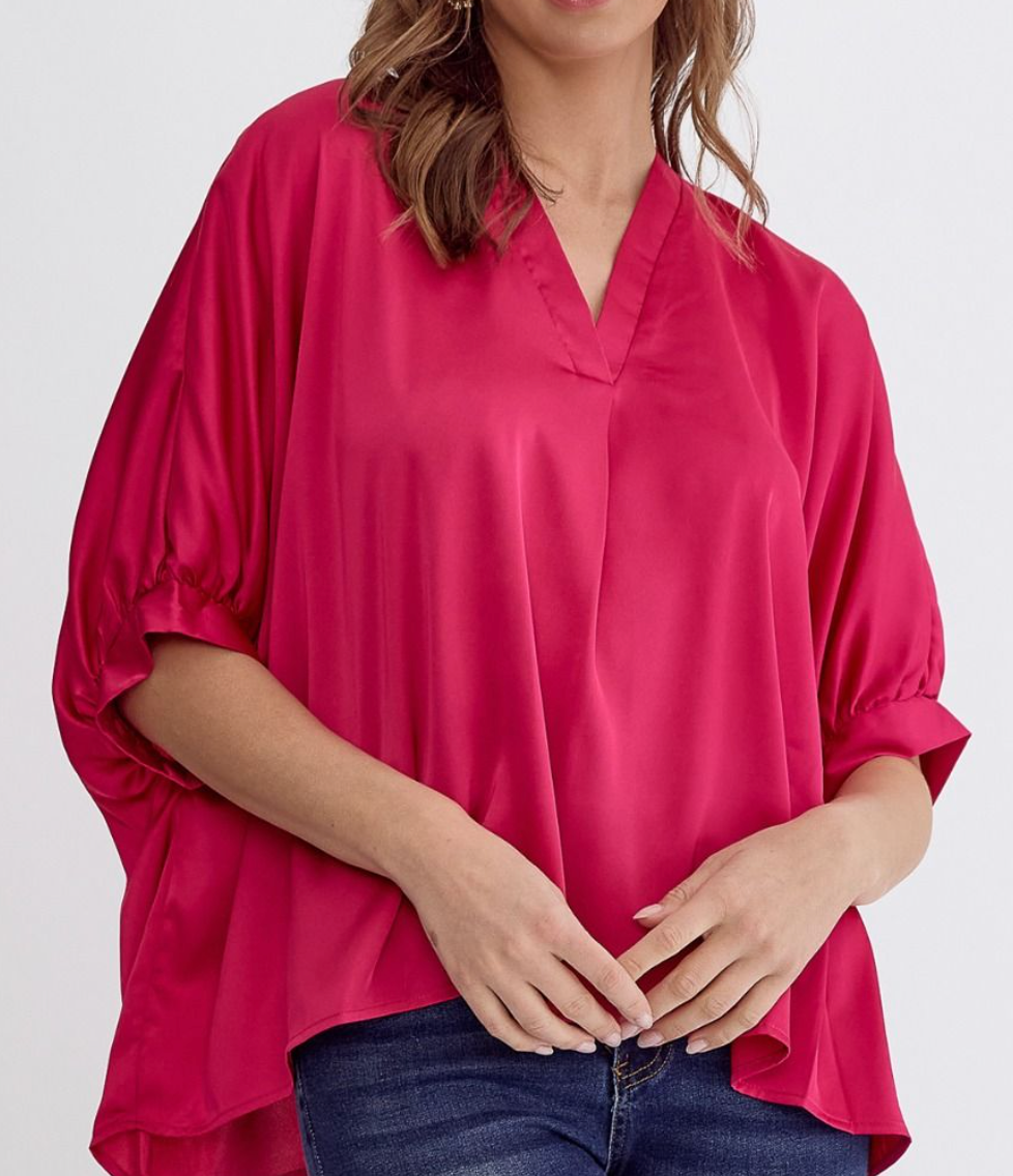 Hot Pink Satin Pleated V-Neck Blouse