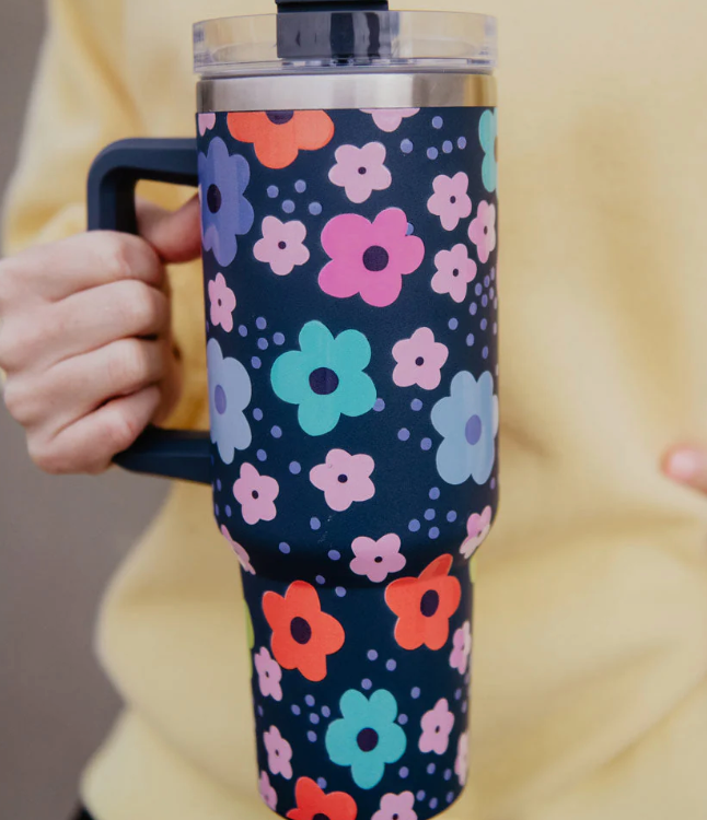 Navy Daisy Tumbler Cup w/ Handle