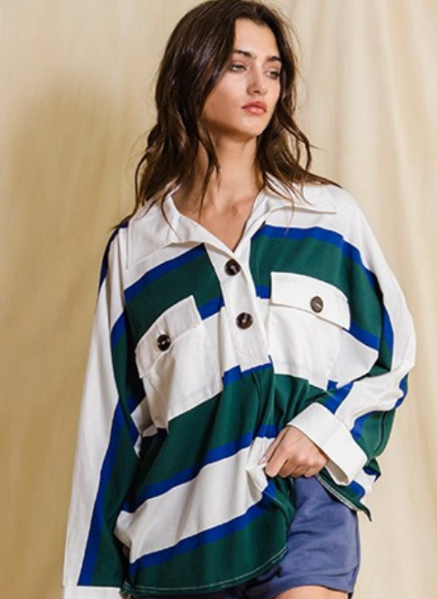 Teal and White Striped Henley Oversized Pullover