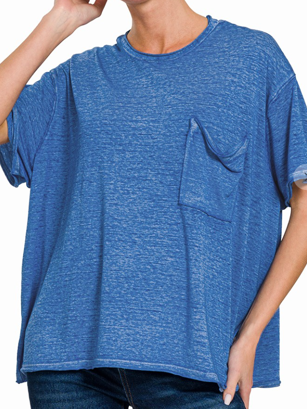 Oversized Burnout Washed Raw Edge Pocket Tee