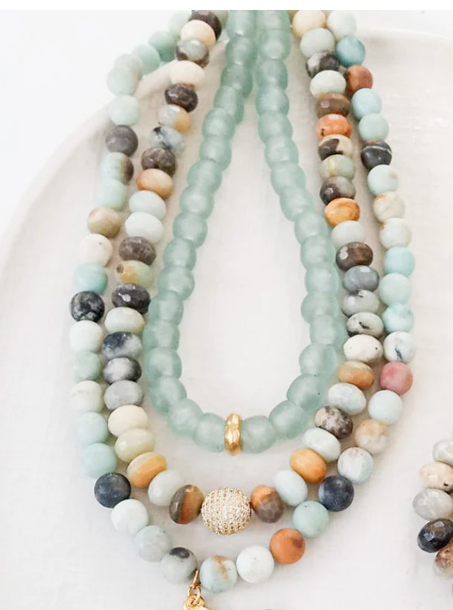 Virtue Jewelry XL Rondelle Pave Ball Necklace-Amazonite