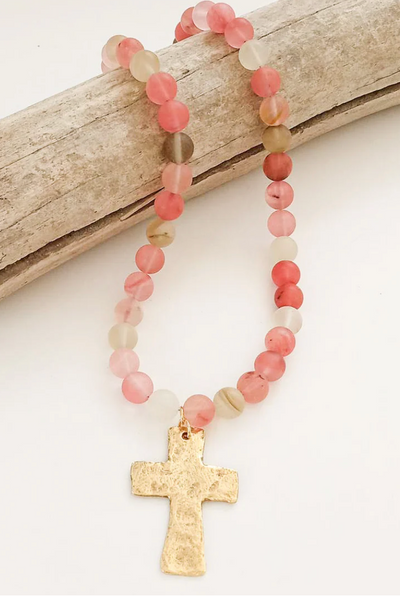 Virtue Gemstone Hammered Cross Necklace