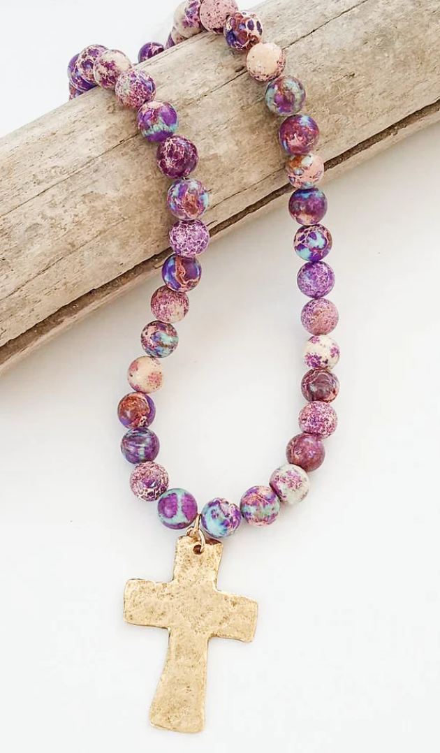 Virtue Gemstone Hammered Cross Necklace