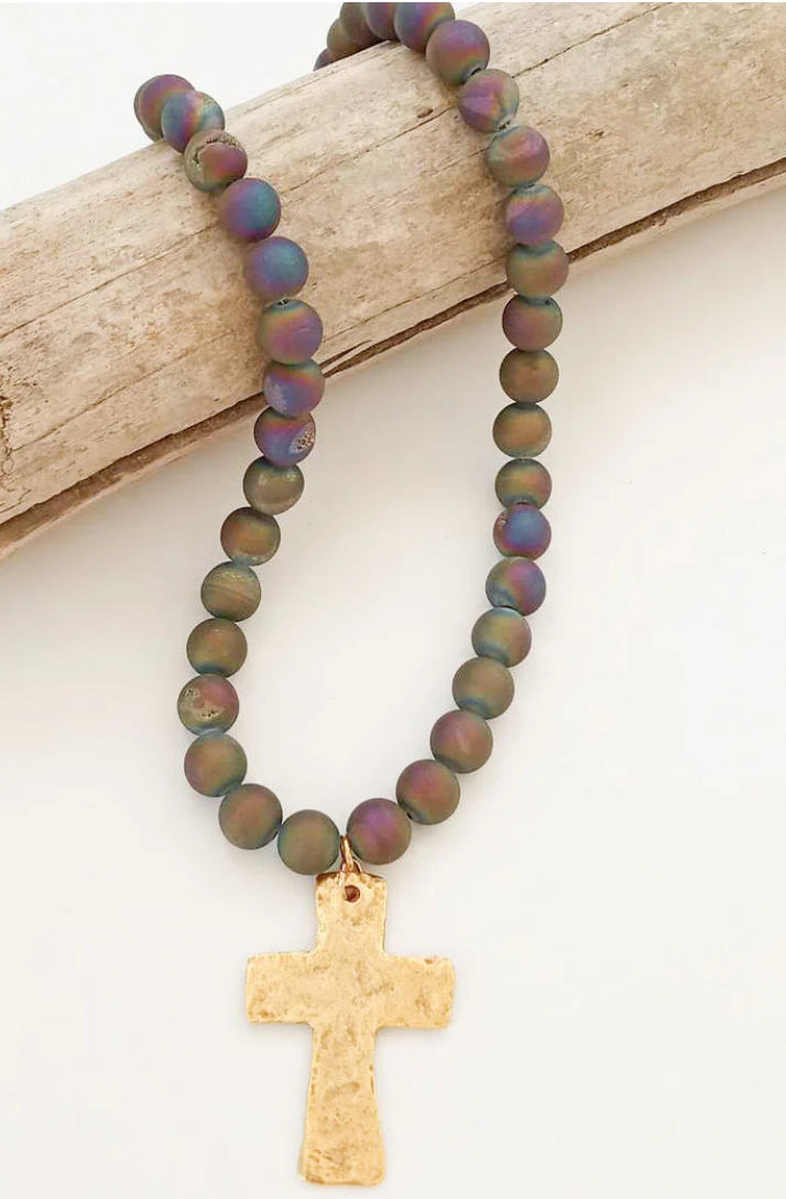 Virtue Gemstone Hammered Cross Necklace