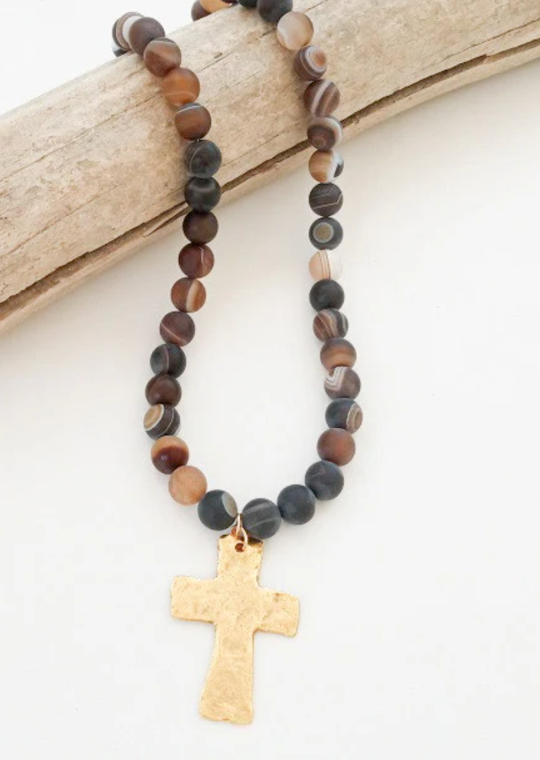 Virtue Gemstone Hammered Cross Necklace