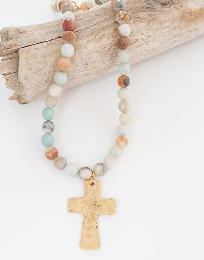 Virtue Gemstone Hammered Cross Necklace