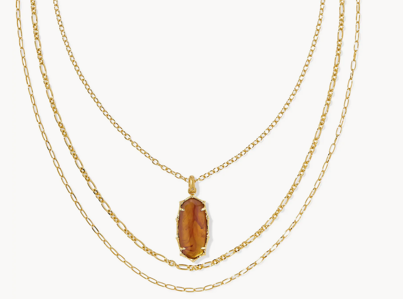 Kendra Scott Elle Vintage Gold Bamboo Frame Triple Strand Necklace in Marbled Amber Illusion