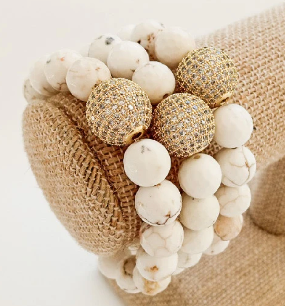 Virtue Jewelry Marbled Cream Gemstone Pave Ball Bracelet