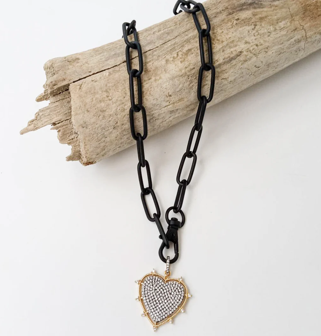 Virtue Jewelry XL Studded Pave Heart Necklace -Black/Gunmetal