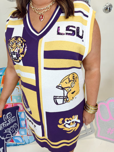 Queen of Sparkles White, Purple, & Gold LSU Icon Cardigan Tank Dress