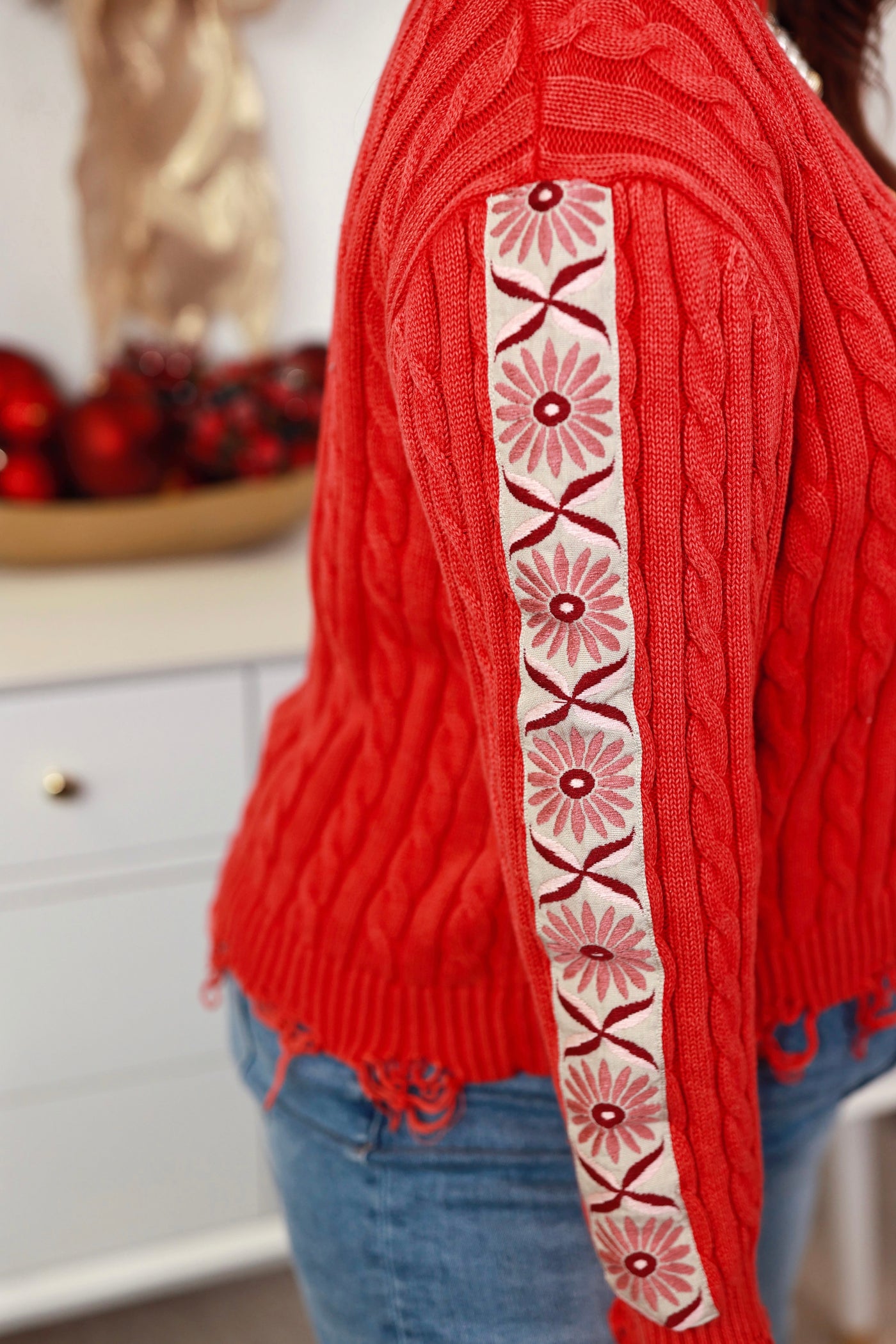 Cherry Vintage Washed Peace Cable Knit Sweater