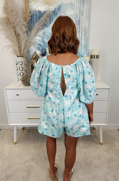 Aqua Floral Gingham Eyelet Loose Fit Romper