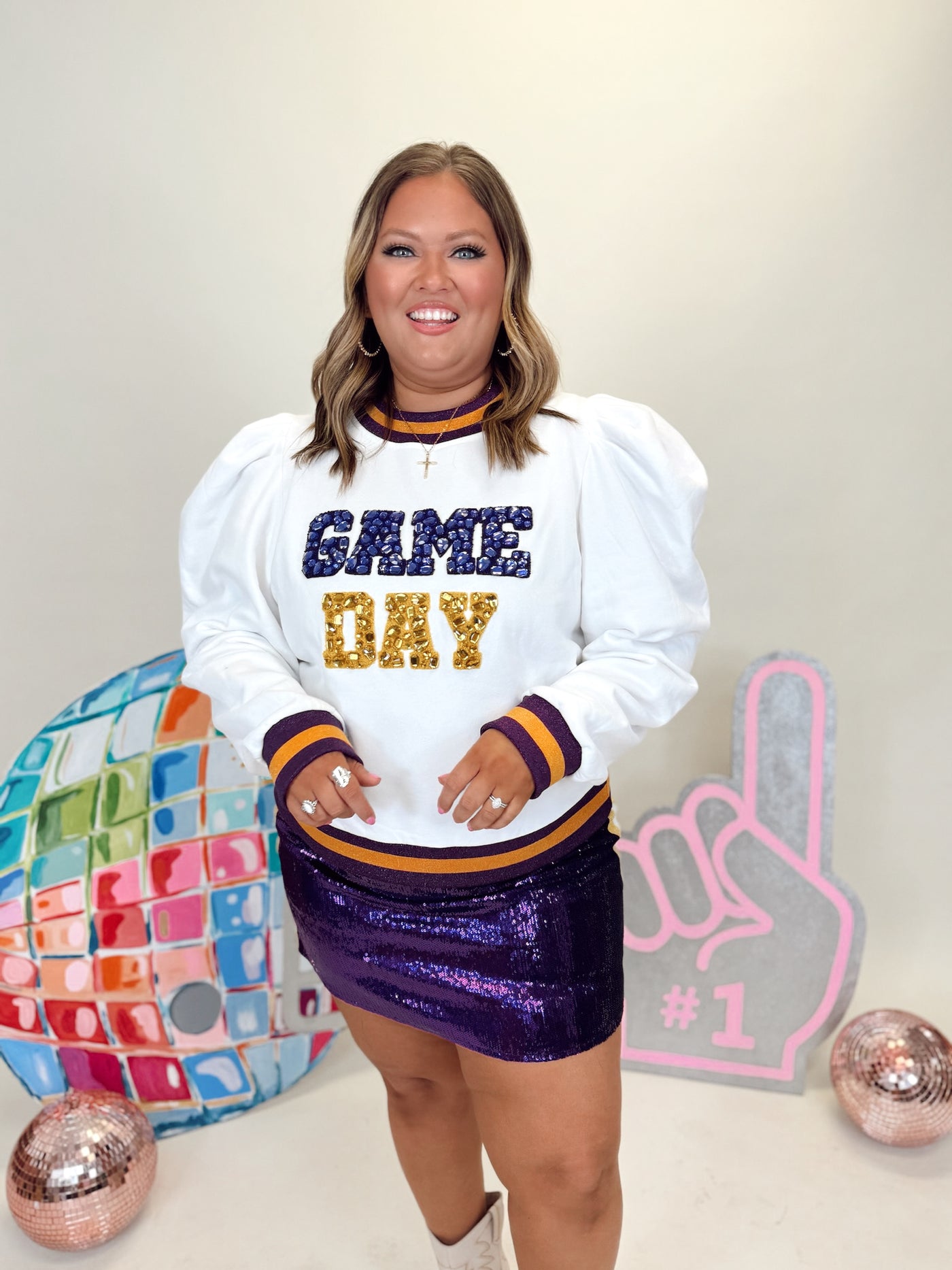 Queen of Sparkles White, Purple & Gold Jeweled Game Day Poof Sleeve Sweatshirt