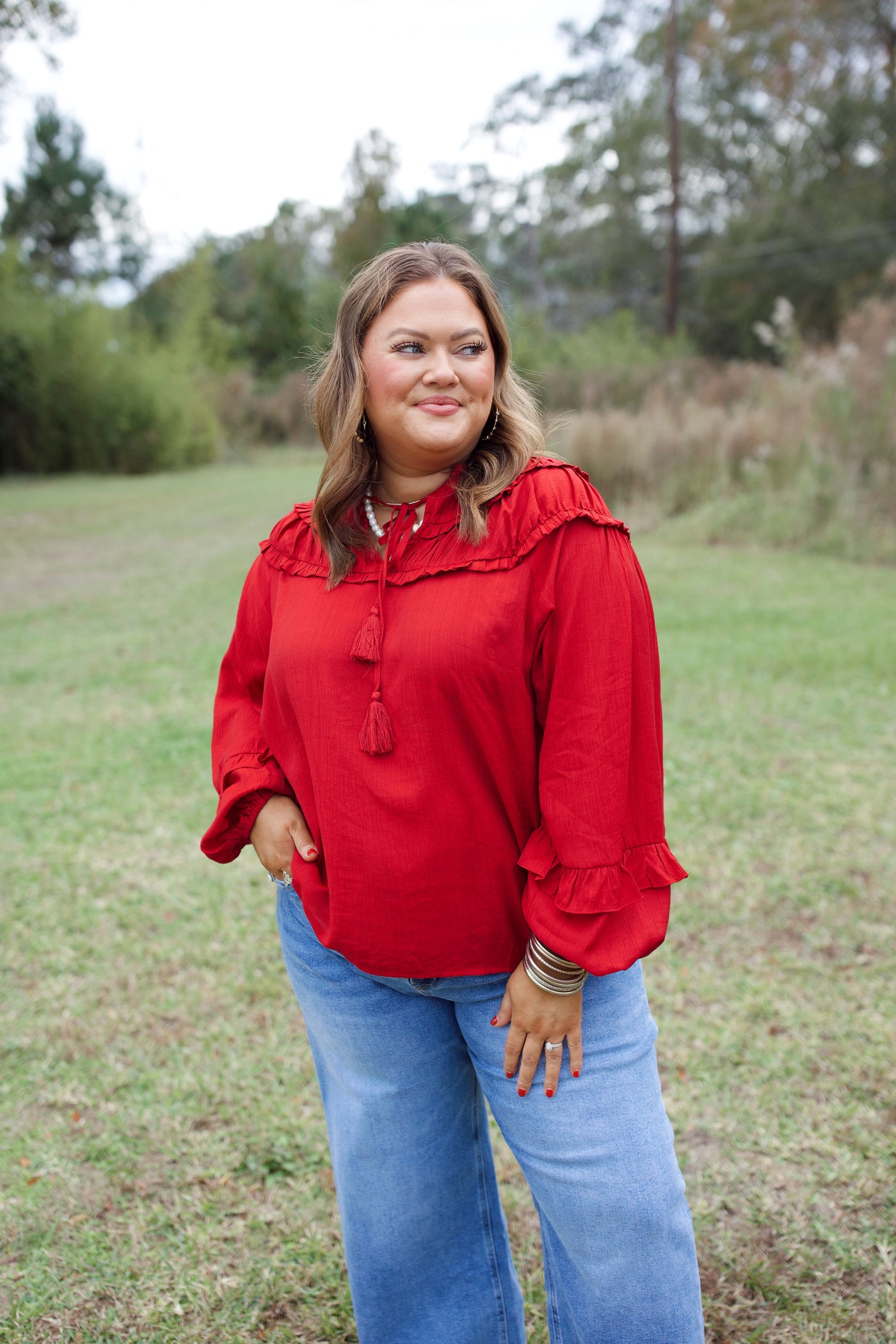 Red Notch Neck Balloon Sleeve Top