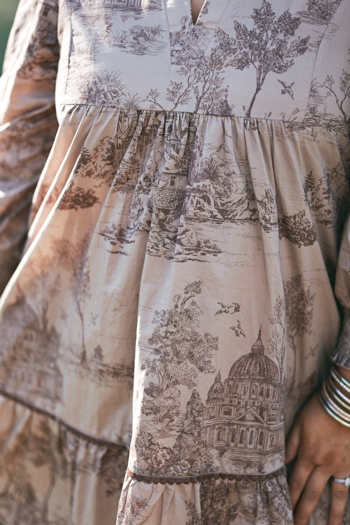 Latte Toile Notch Neck Tiered Dress