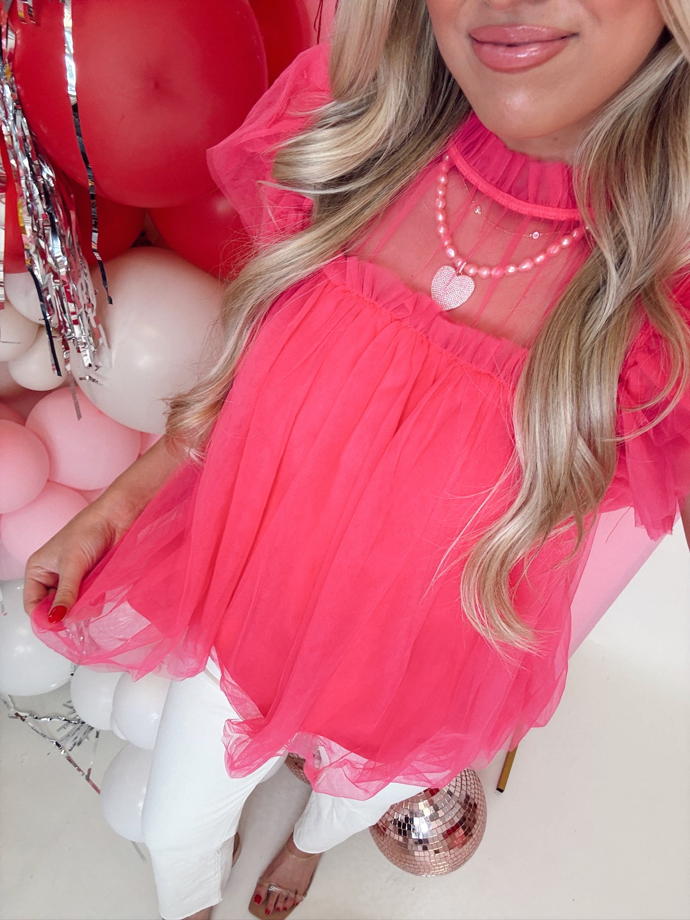 Pink Layered Mesh Ruffle Sleeve Top