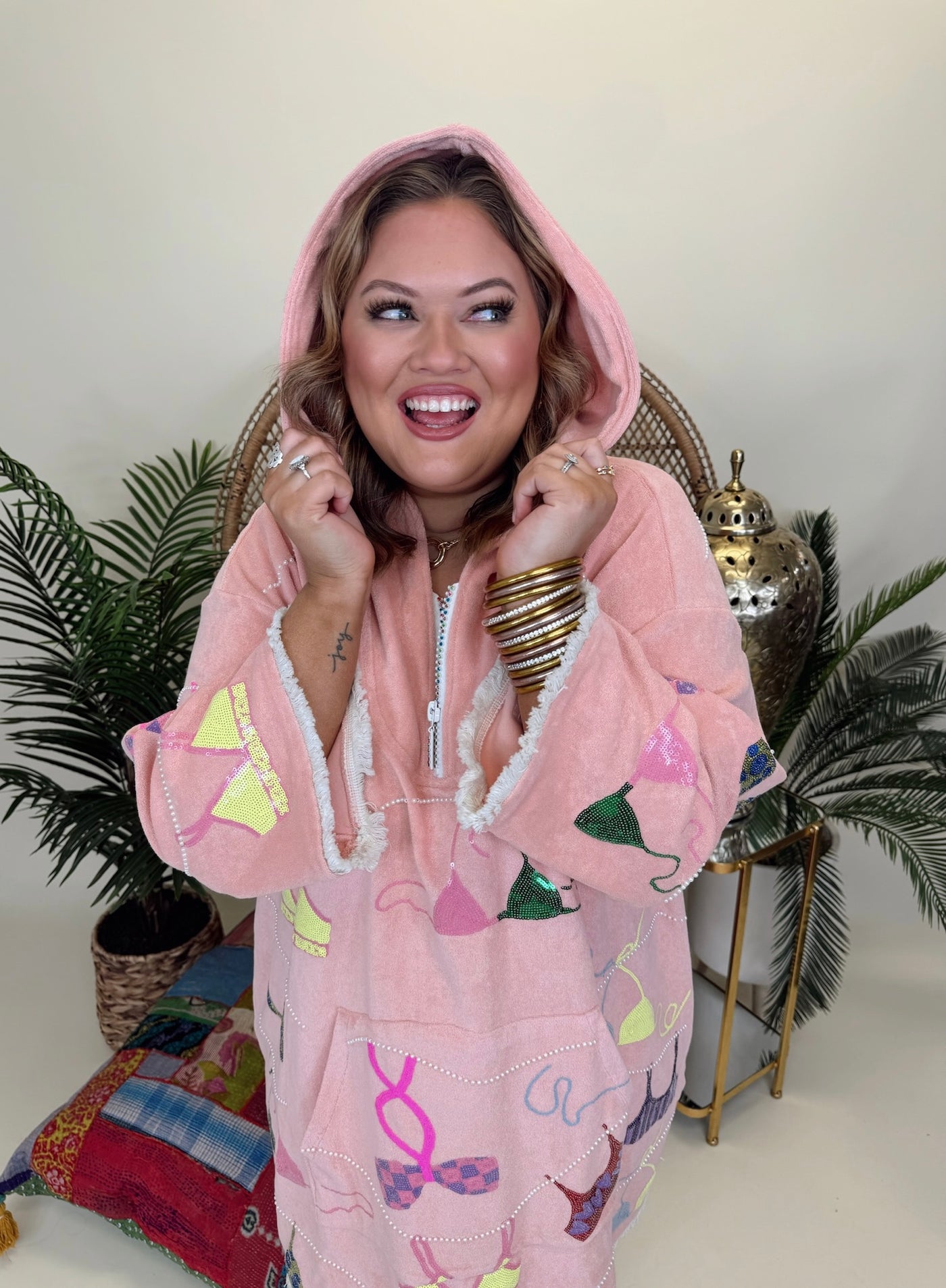 Queen of Sparkles Peach Hanging Swimsuits Hooded Terry Cloth Coverup