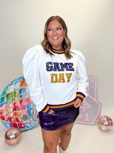 Queen of Sparkles White, Purple & Gold Jeweled Game Day Poof Sleeve Sweatshirt