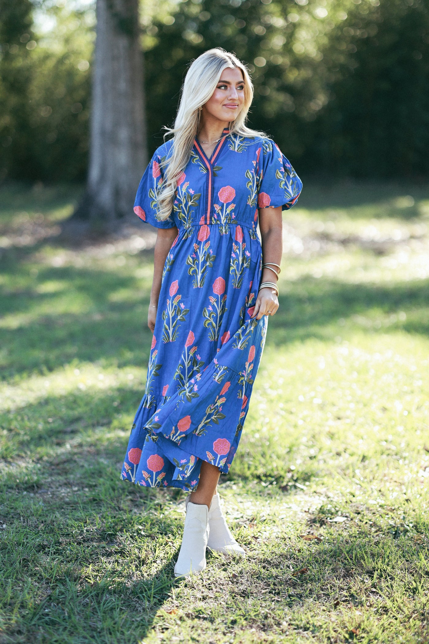 Royal Blue Antique Floral Mandarin Collar Midi Dress