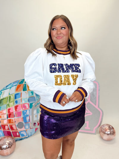 Queen of Sparkles White, Purple & Gold Jeweled Game Day Poof Sleeve Sweatshirt