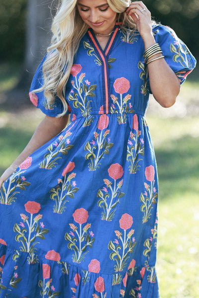 Royal Blue Antique Floral Mandarin Collar Midi Dress