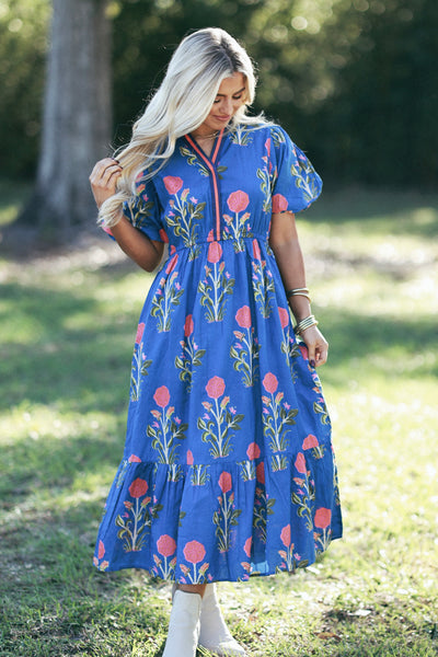 Royal Blue Antique Floral Mandarin Collar Midi Dress