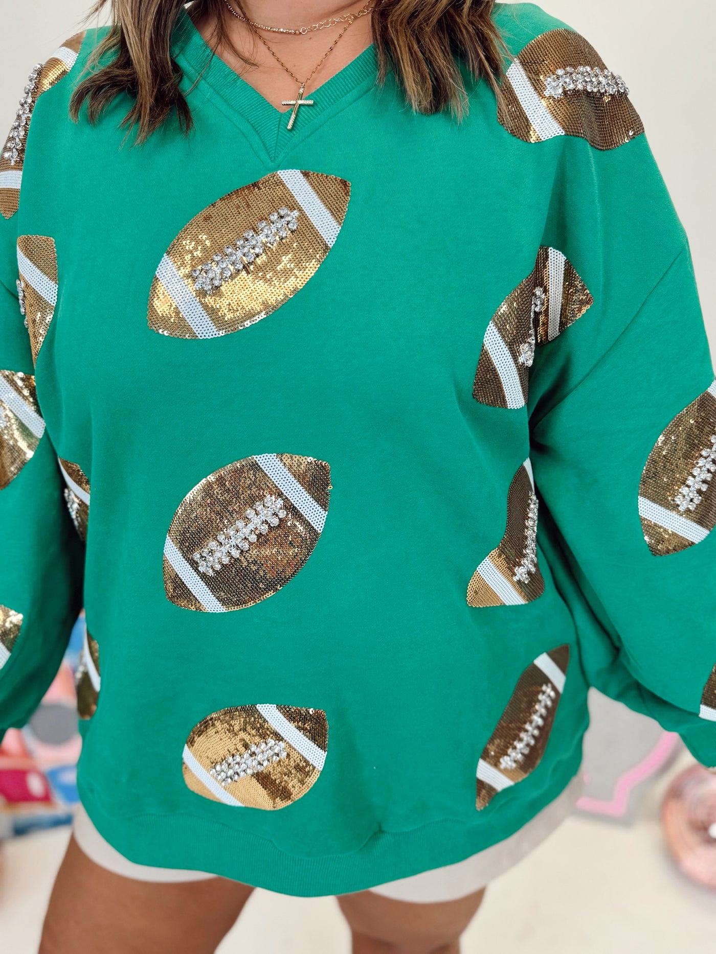 Queen of Sparkles Green & Gold Rhinestone Lace Football Sweatshirt