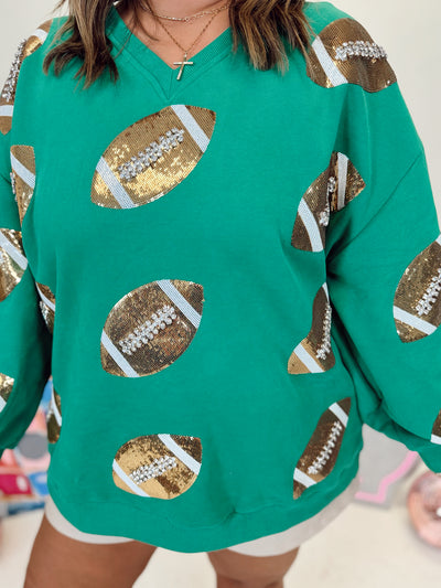 Queen of Sparkles Green & Gold Rhinestone Lace Football Sweatshirt