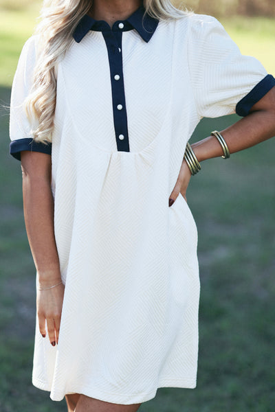 Cream Multi Collared Button Detail Textured Dress