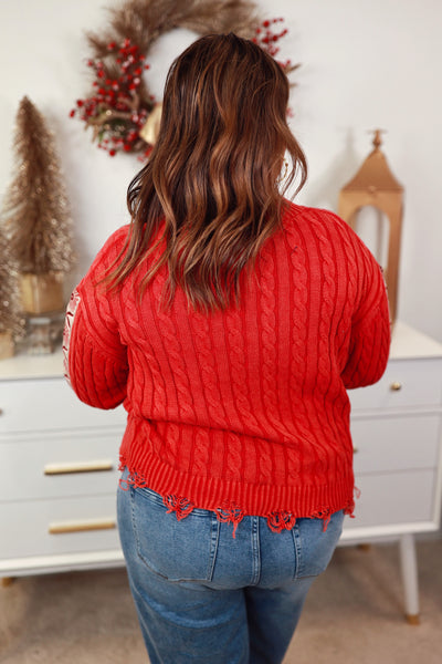 Cherry Vintage Washed Peace Cable Knit Sweater