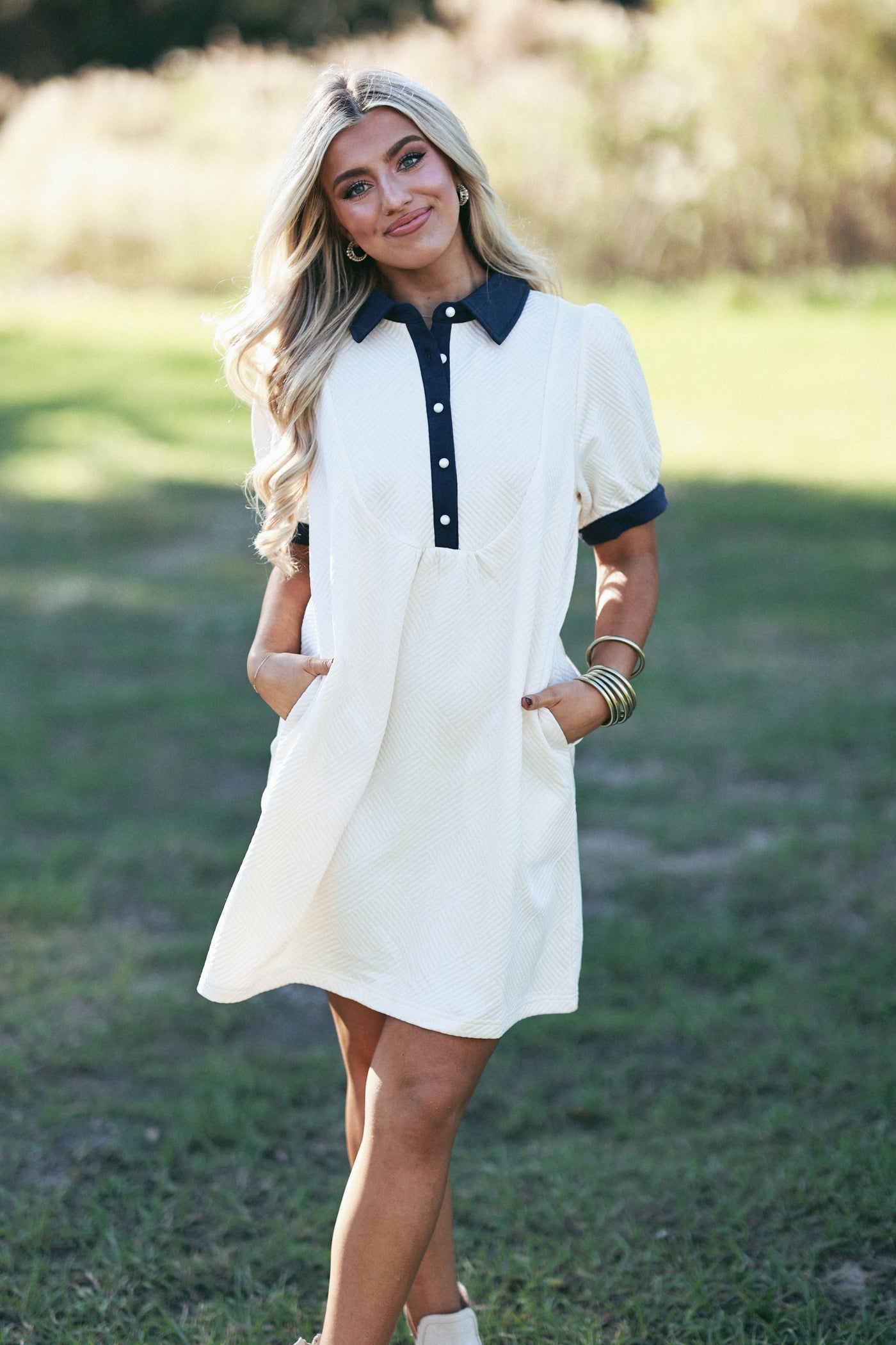 Cream Multi Collared Button Detail Textured Dress