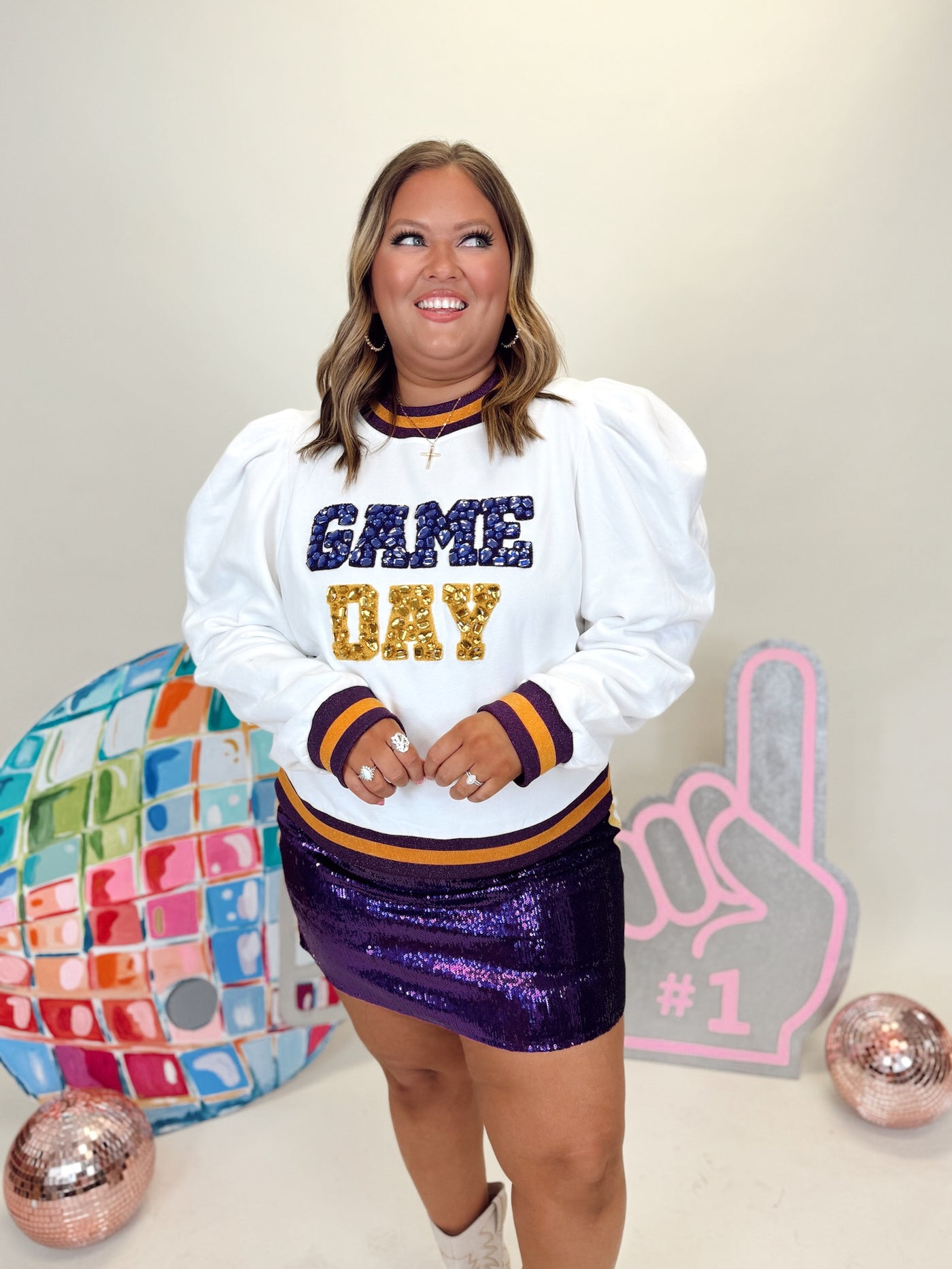 Queen of Sparkles White, Purple & Gold Jeweled Game Day Poof Sleeve Sweatshirt