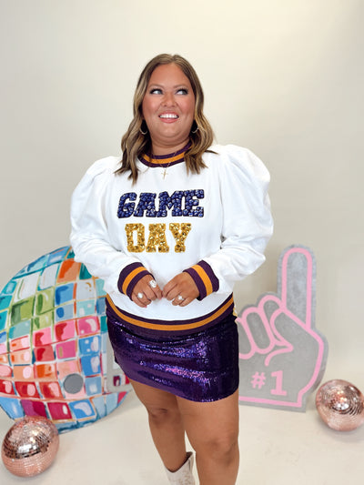 Queen of Sparkles White, Purple & Gold Jeweled Game Day Poof Sleeve Sweatshirt