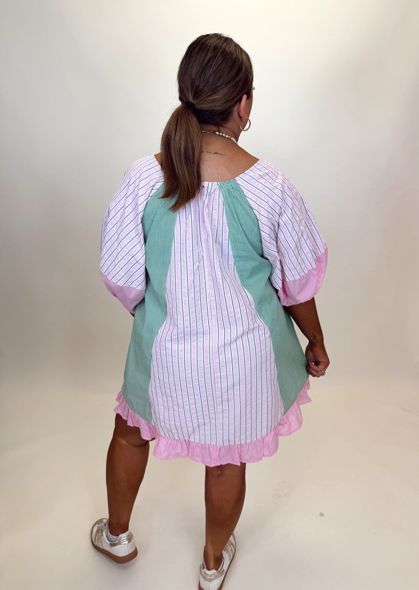 Green and Pink Striped Front Tie Detail Dress