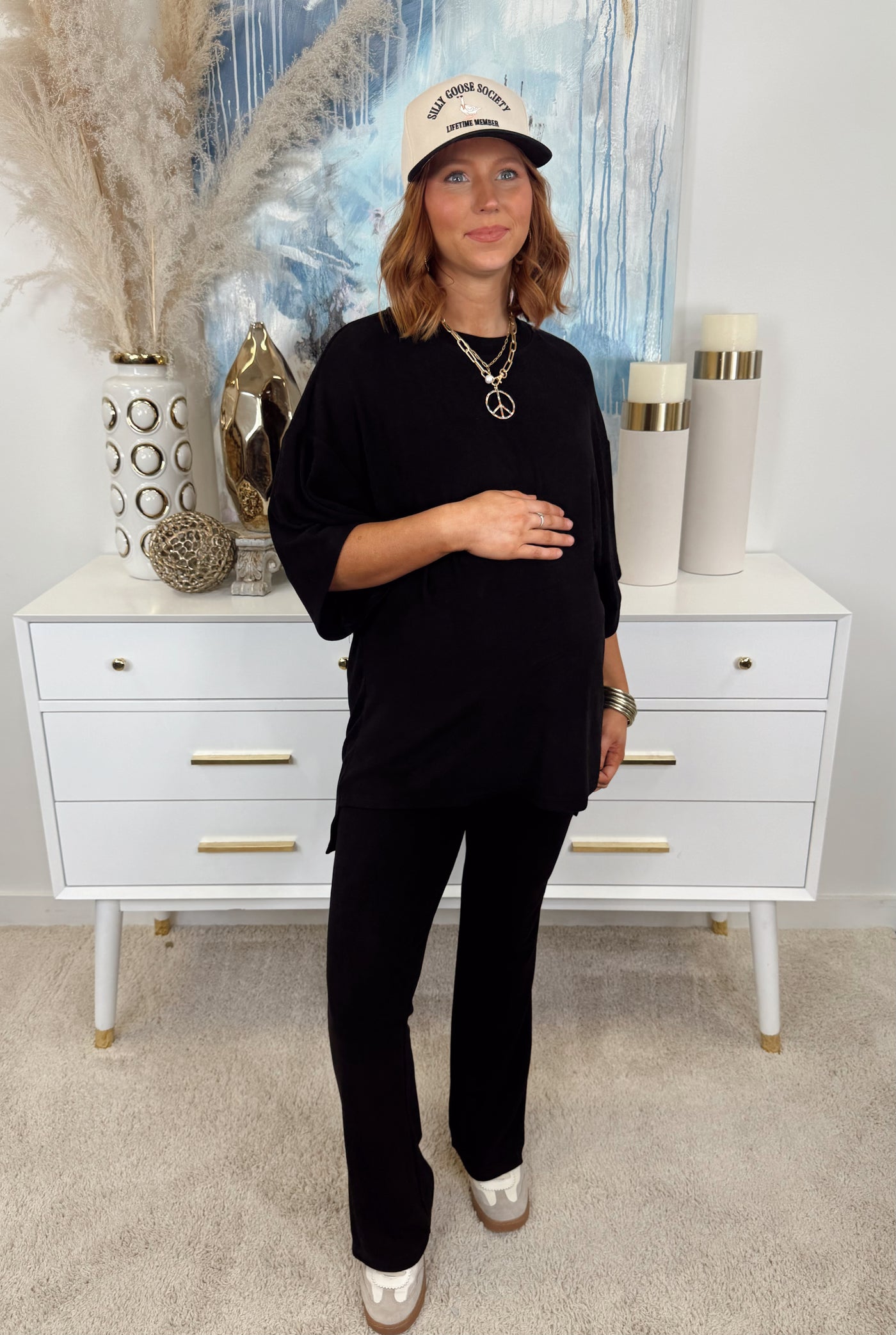 Black Ultra Soft Ribbed Knit Dolman Tee and Kick Flare Pant Set