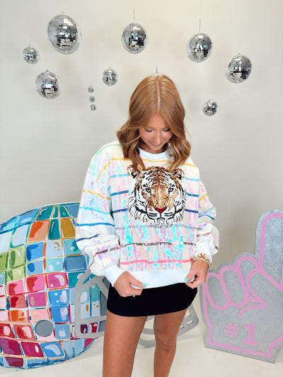 Queen of Sparkles White & Rainbow Full Sequin Tiger Sweatshirt