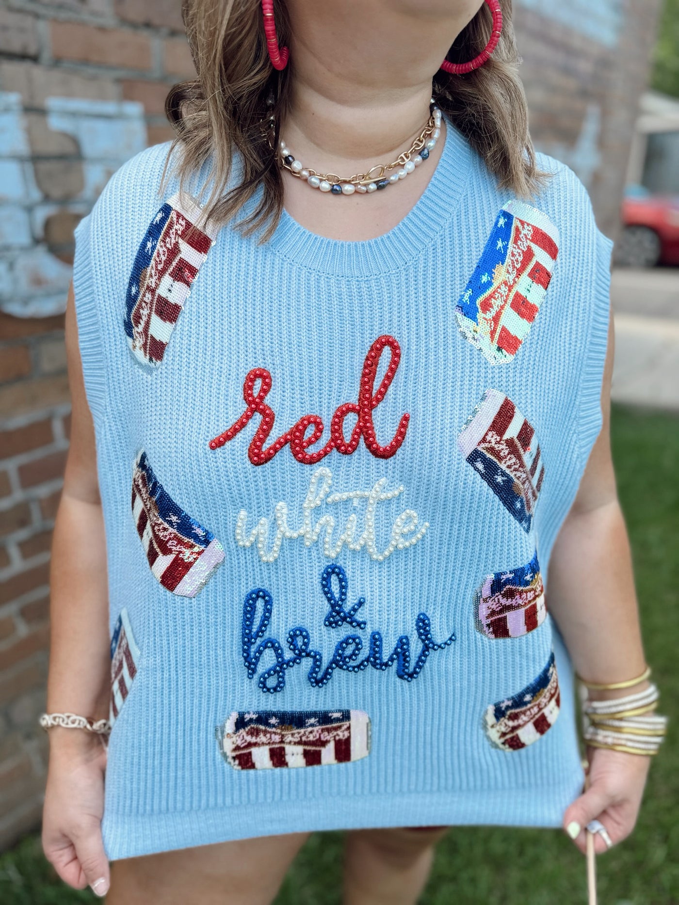 Queen Of Sparkles Light Blue 'Red, White & Brew' Sweater Vest