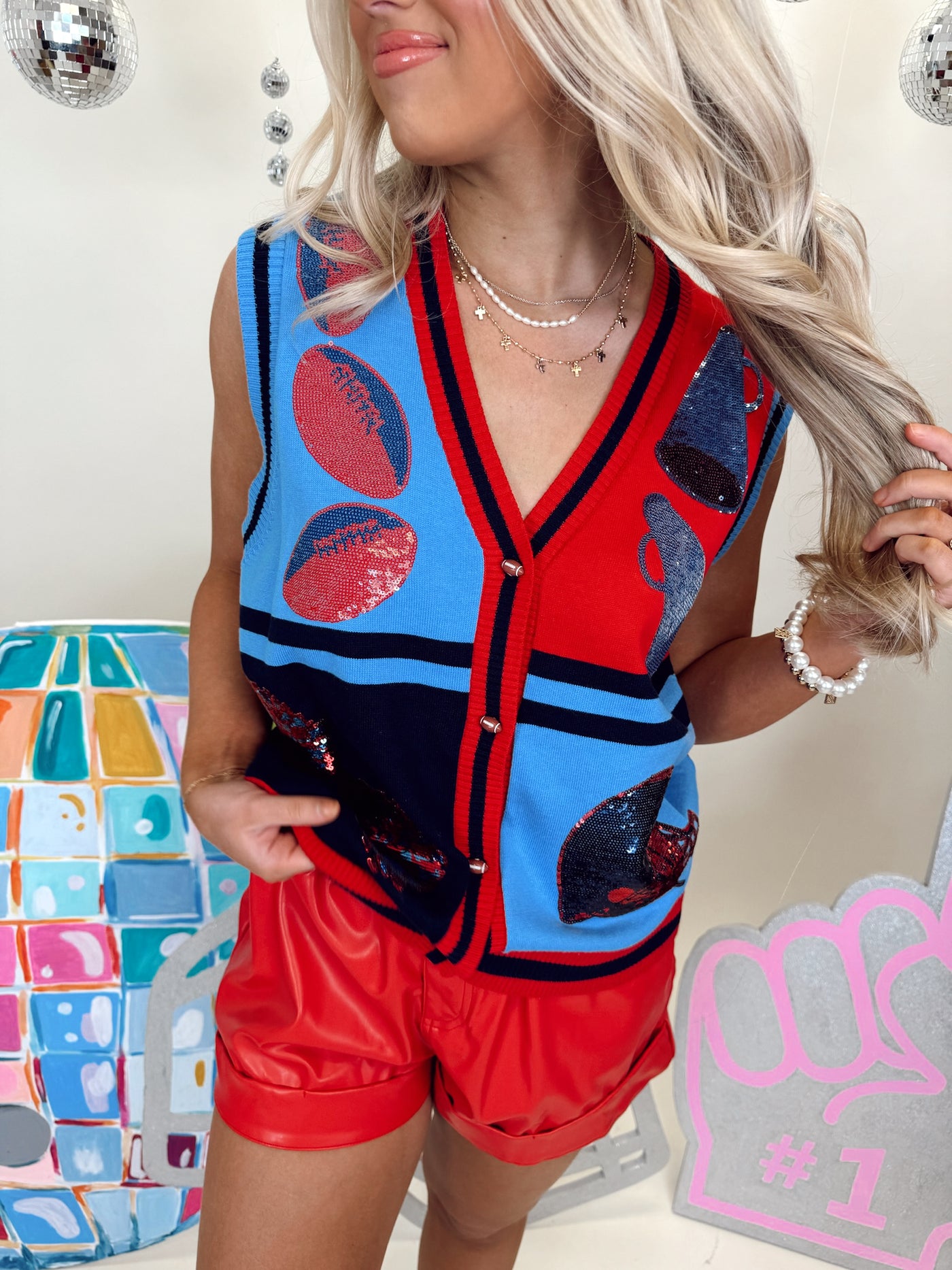 Queen of Sparkles Powder Blue, Navy & Red Colorblock Football Icon Button Up Sweater Vest