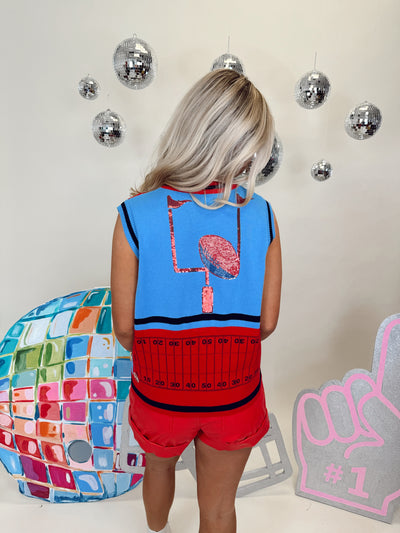 Queen of Sparkles Powder Blue, Navy & Red Colorblock Football Icon Button Up Sweater Vest