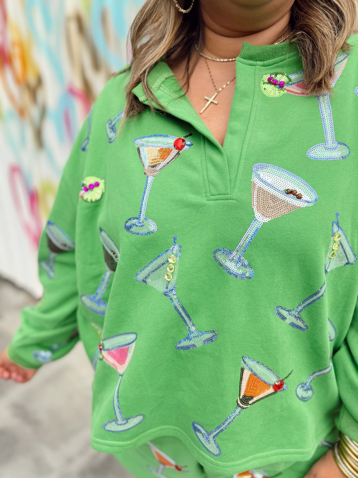 Queen of Sparkles Green Multi Martini Glass Sweatshirt