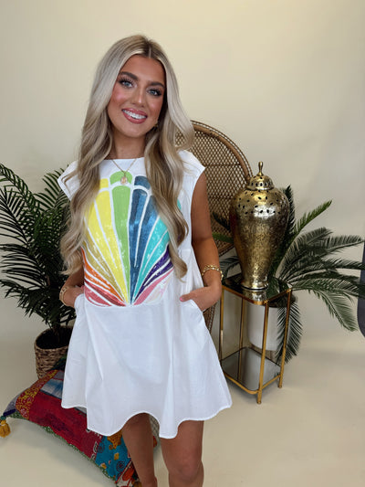 Queen Of Sparkles White Oversized Rainbow Shell Tank Dress