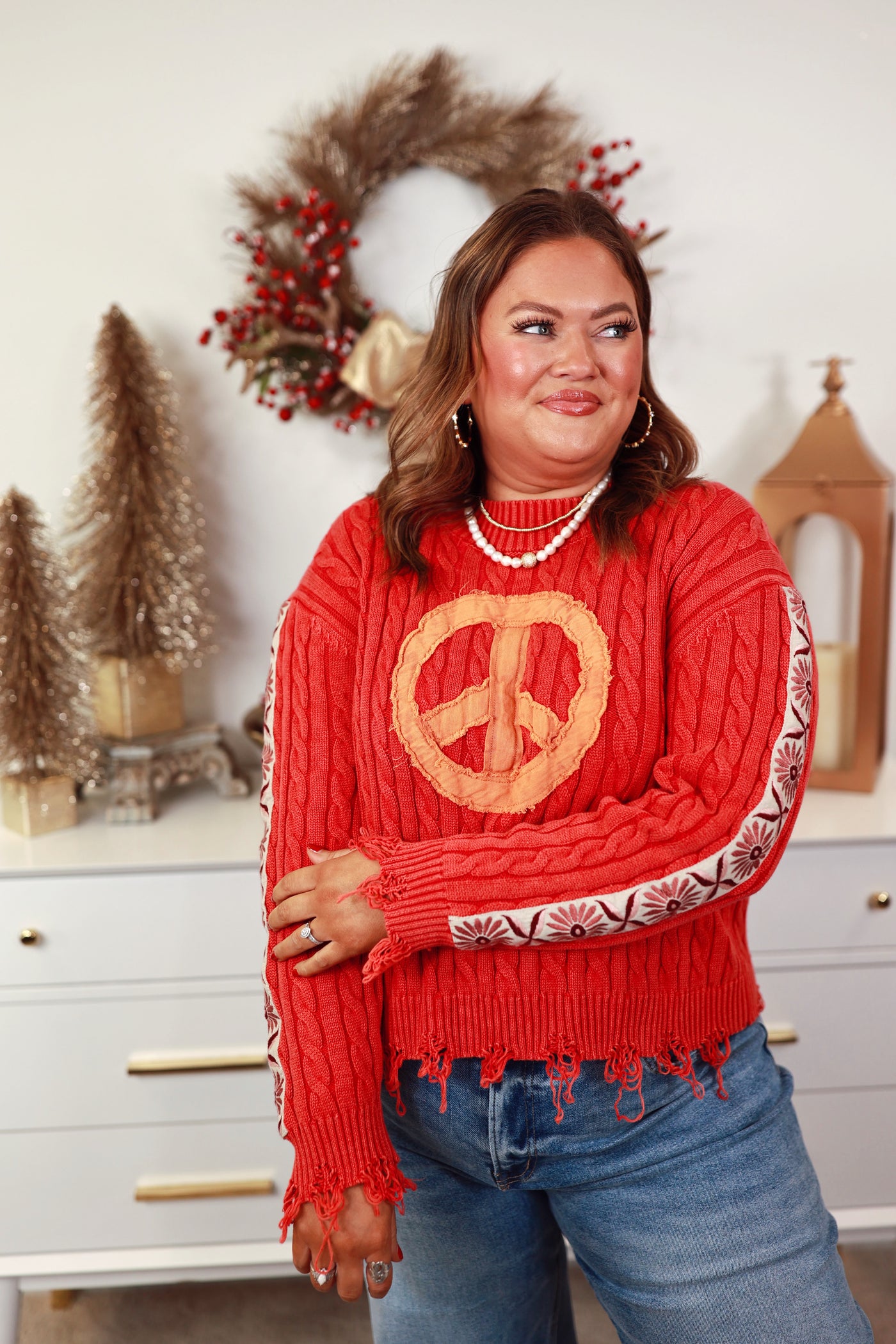 Cherry Vintage Washed Peace Cable Knit Sweater