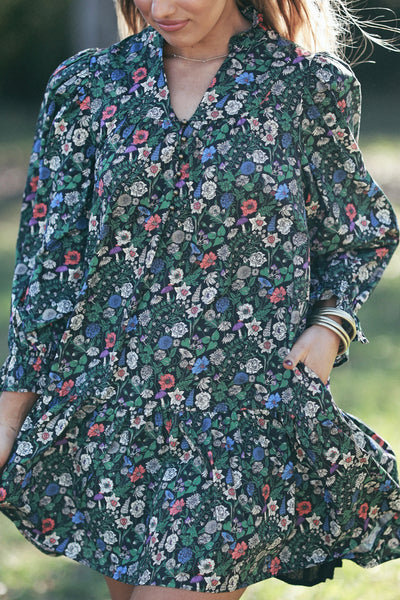 Black Floral 3/4 Sleeve Button Detail Dress