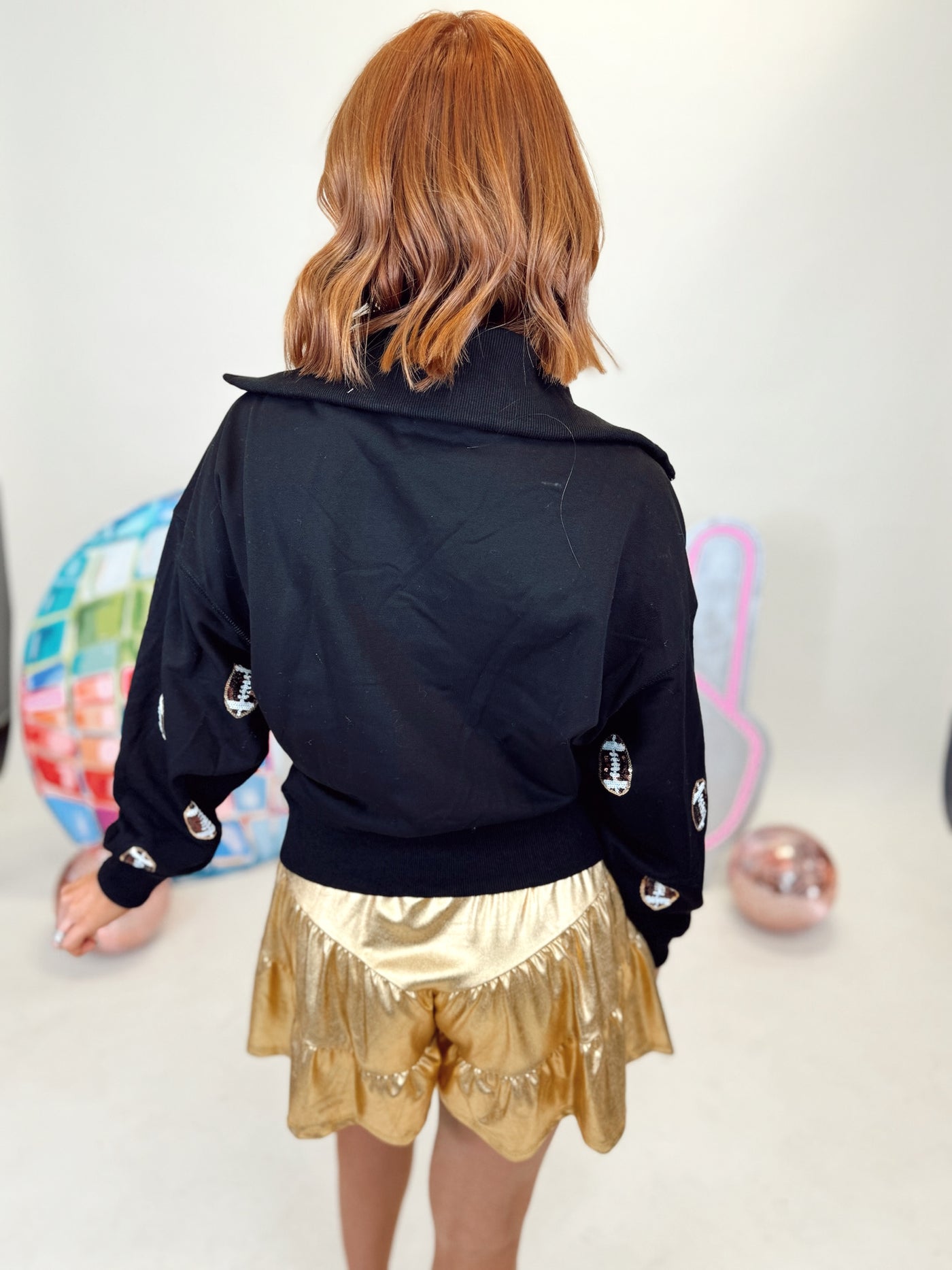 Black Sequin Embroidered Football Half Zip Pullover