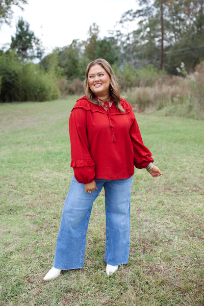 Red Notch Neck Balloon Sleeve Top