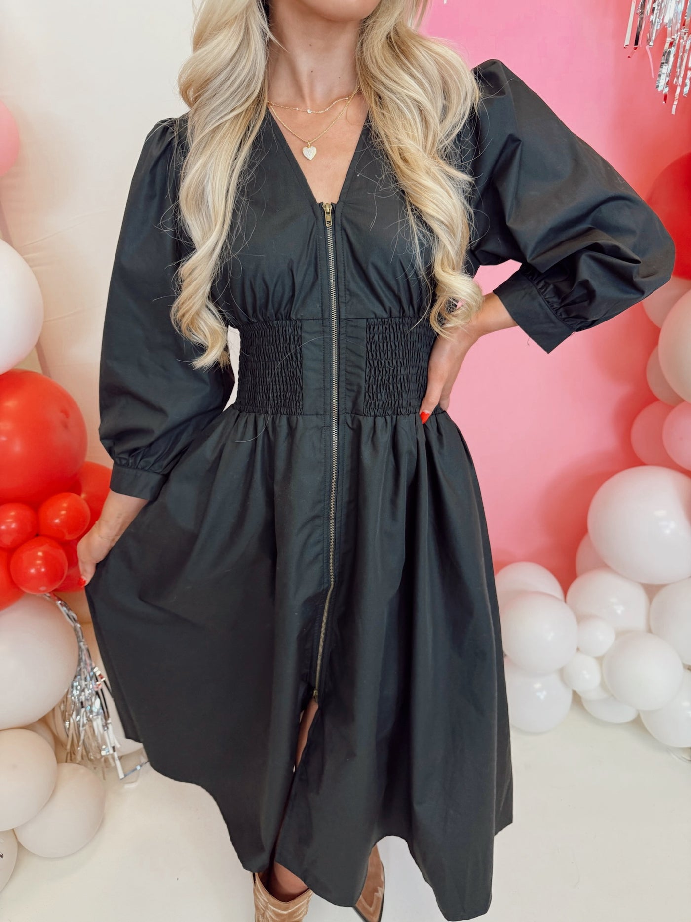 Black 3/4 Sleeve Smocked Detail Midi Dress